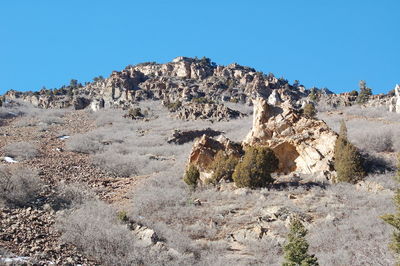 Scenic view of rocky mountains against clear sky