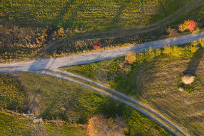 Aerial view of a countryside village road. drone shot of agricultural fields, transylvania, romania