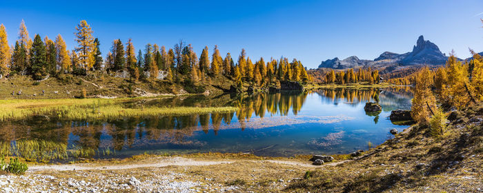 Scenic view of lake and trees against blue sky