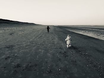 People walking on beach against clear sky