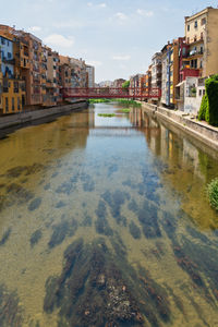 Canal by buildings in city against sky