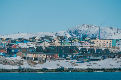 Scenic view of snowcapped mountains against clear blue sky