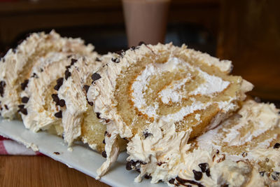 Close-up of cake served on table