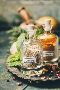 Close-up of drink in glass jar on table