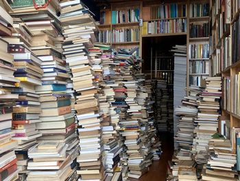 Stack of books in library