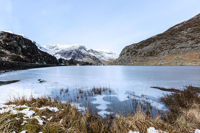 Scenic view of lake and snowcapped mountains against sky
