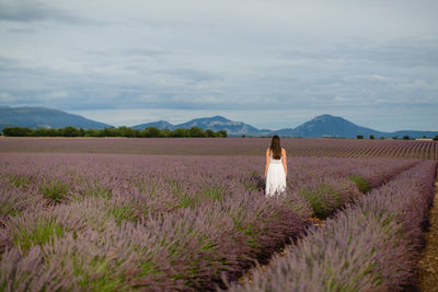 Rear view of woman standing on field against sky