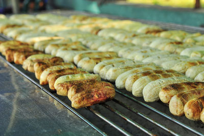 Close-up of meat on barbecue grill