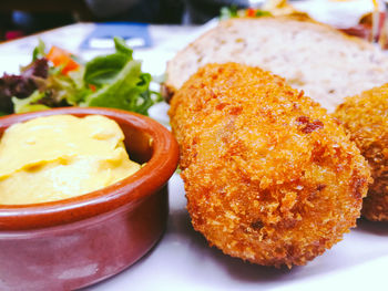 Close-up of breakfast served on table