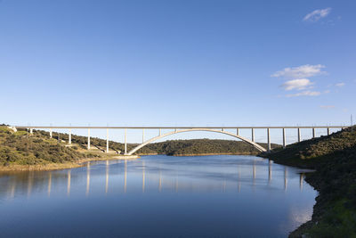 Bridge over river against clear blue sky