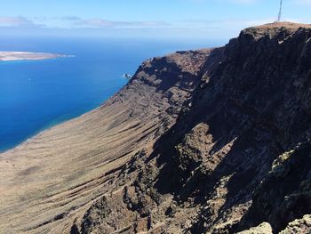 High angle view of rock formations by sea against sky