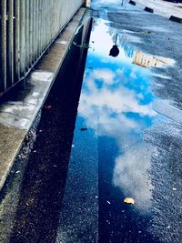 Reflection of buildings in puddle