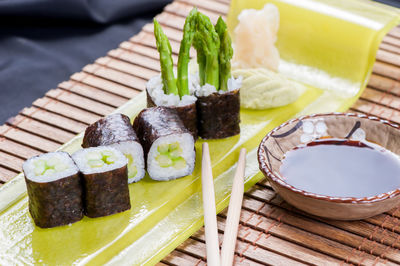 High angle view of sushi in plate