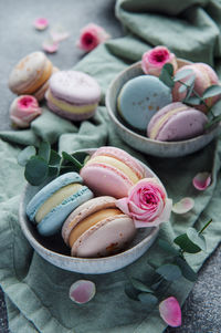 Beautiful colorful tasty macaroons and pink roses on a concrete background