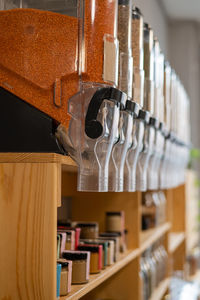 Close-up of wine in glass bottles