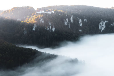 Scenic view of waterfall against sky