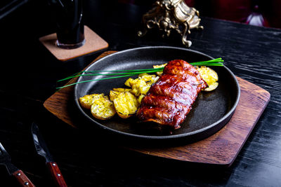 Close-up of meal served on table