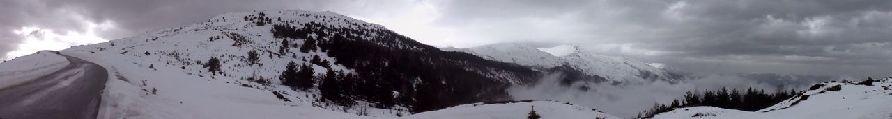 Panoramic view of snowcapped mountains against sky