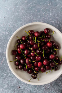 High angle view of cherries in bowl on table