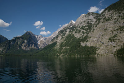 Scenic view of lake and mountains against sky