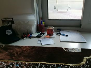 High angle view of laptop on table at home