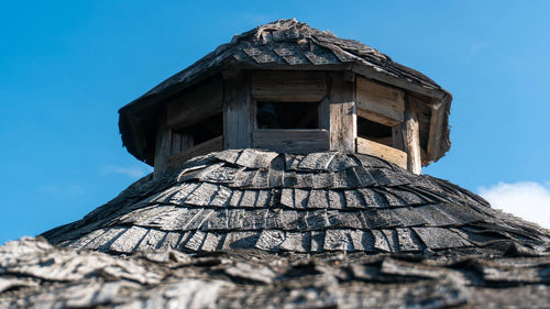 Low angle view of old building against clear blue sky