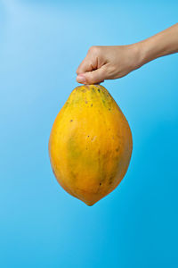 Cropped hand holding papaya against blue background