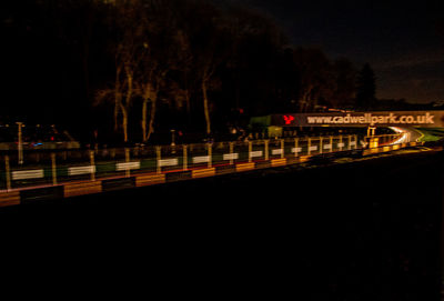 Illuminated road by trees in city at night