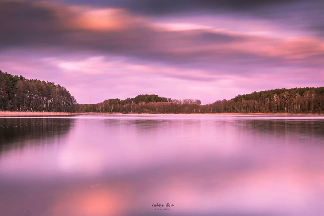 lake, water, cloud - sky, sky, beauty in nature, reflection, tranquility, scenics - nature, tranquil scene, tree, no people, nature, plant, idyllic, non-urban scene, forest, surface, sunset, waterfront, outdoors, purple, reflection lake