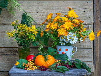 Still life with tomatoes and bouquets of medicinal flowers, st. john's wort 