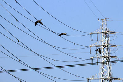 Low angle view of electricity pylon against clear sky