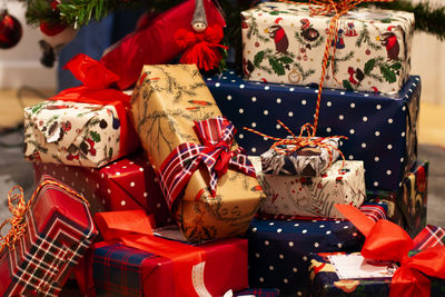 Close-up of christmas presents at home