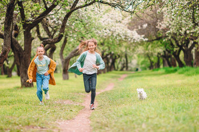 Full length of woman with dog running in park