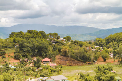 Trees and houses on mountain against sky