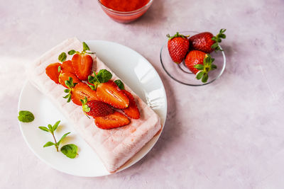 Italian strawberry dessert semifreddo with sauce - cold dessert like an ice-cream