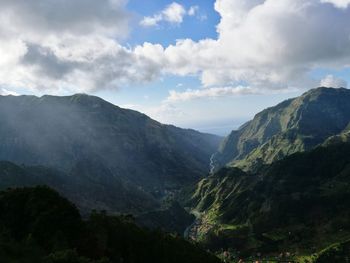 Scenic view of mountains against cloudy sky