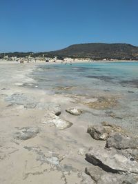 Scenic view of beach against clear blue sky