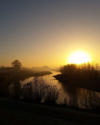 Scenic view of lake against clear sky during sunset