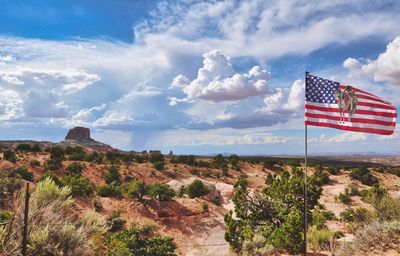 Flag on landscape against sky