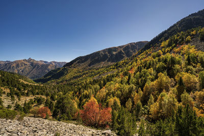 Scenic view of mountains against clear blue sky