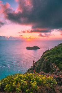 Full length of man standing by plants while looking at sea against sky during sunset