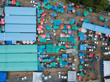 High angle view of multi colored umbrellas