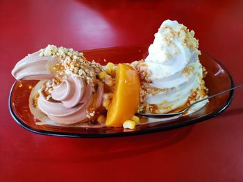 High angle view of ice cream in plate on table