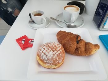 High angle view of breakfast served on table