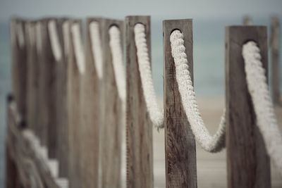 Wooden rope railing with on pier at beach