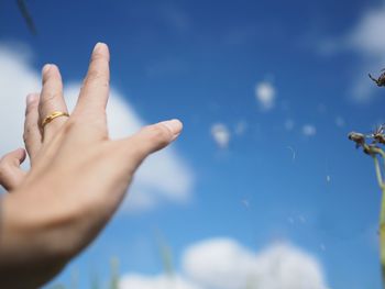 Close-up of hand against blue sky