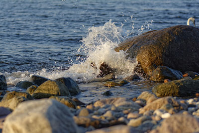 Close-up of sea waves splashing on rocks at beach