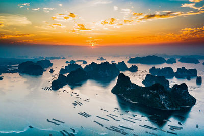 Aerial view of sea against sky during sunset