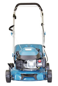 Blue lawn mower against white background