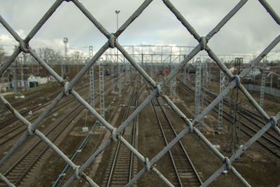 Railroad tracks seen through fence